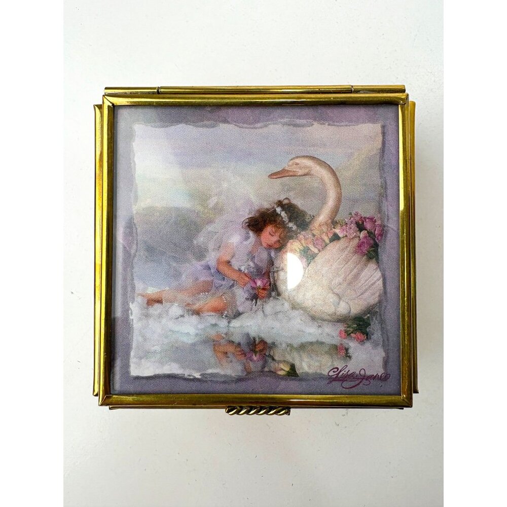 Vintage Enesco Brass Trinket Jewelry Box Swan & Maiden 3"‎ Mirrorer Mexico